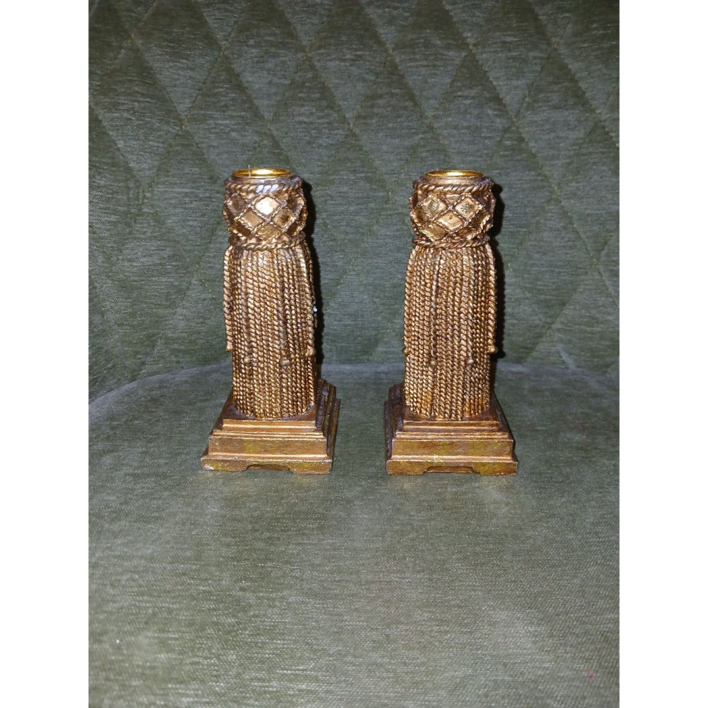 1970s Hollywood Regency -Tassel Plaster Candle Holders - A Pair Golden MCM